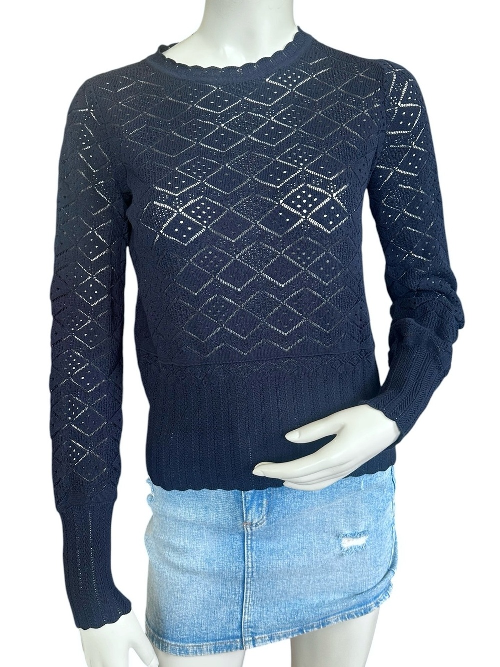 Rebecca Taylor High Twist Navy Blue Pointelle Cotton Pullover Sweater Size Small